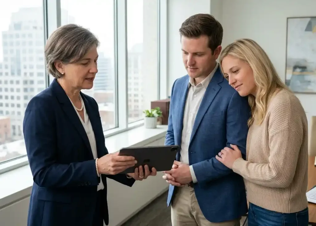 American family law attorney consulting with an engaged couple in a bright_