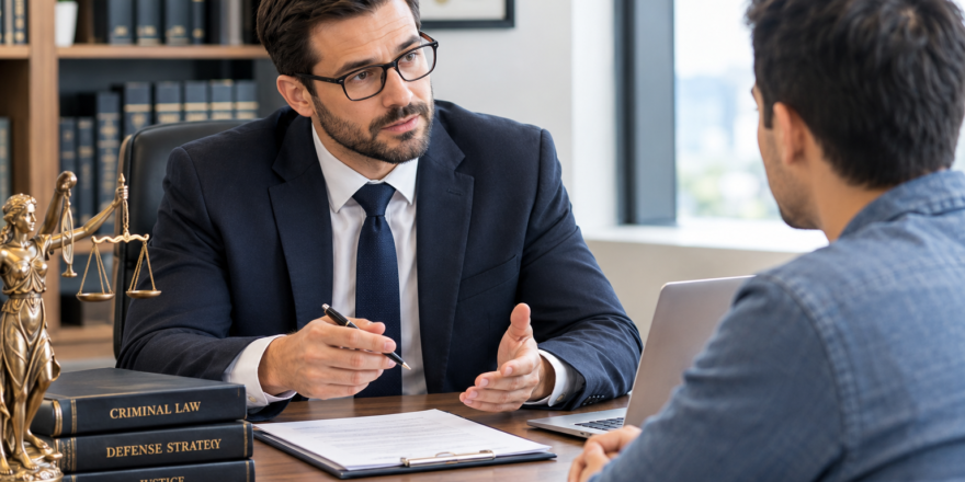 criminal defense lawyer near me discussing legal options with a client