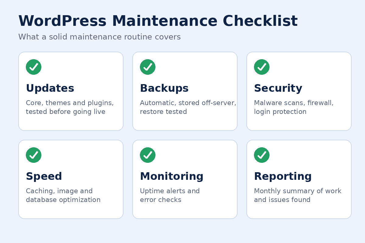 wordpress maintenance services dashboard with updates and backups
